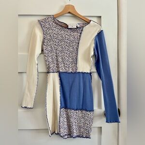 Retro Blue & Cream Patchwork Long Sleeve Mini Dress